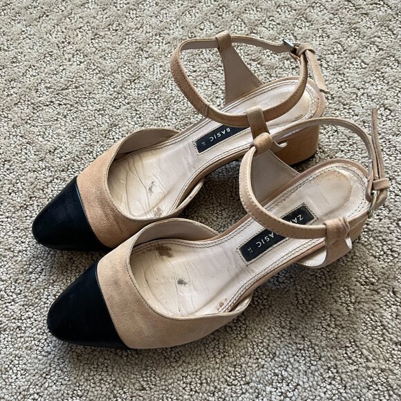 Zara Leather Slingback Block Heel Pump Strappy Beige Black Designer Size 6.5
